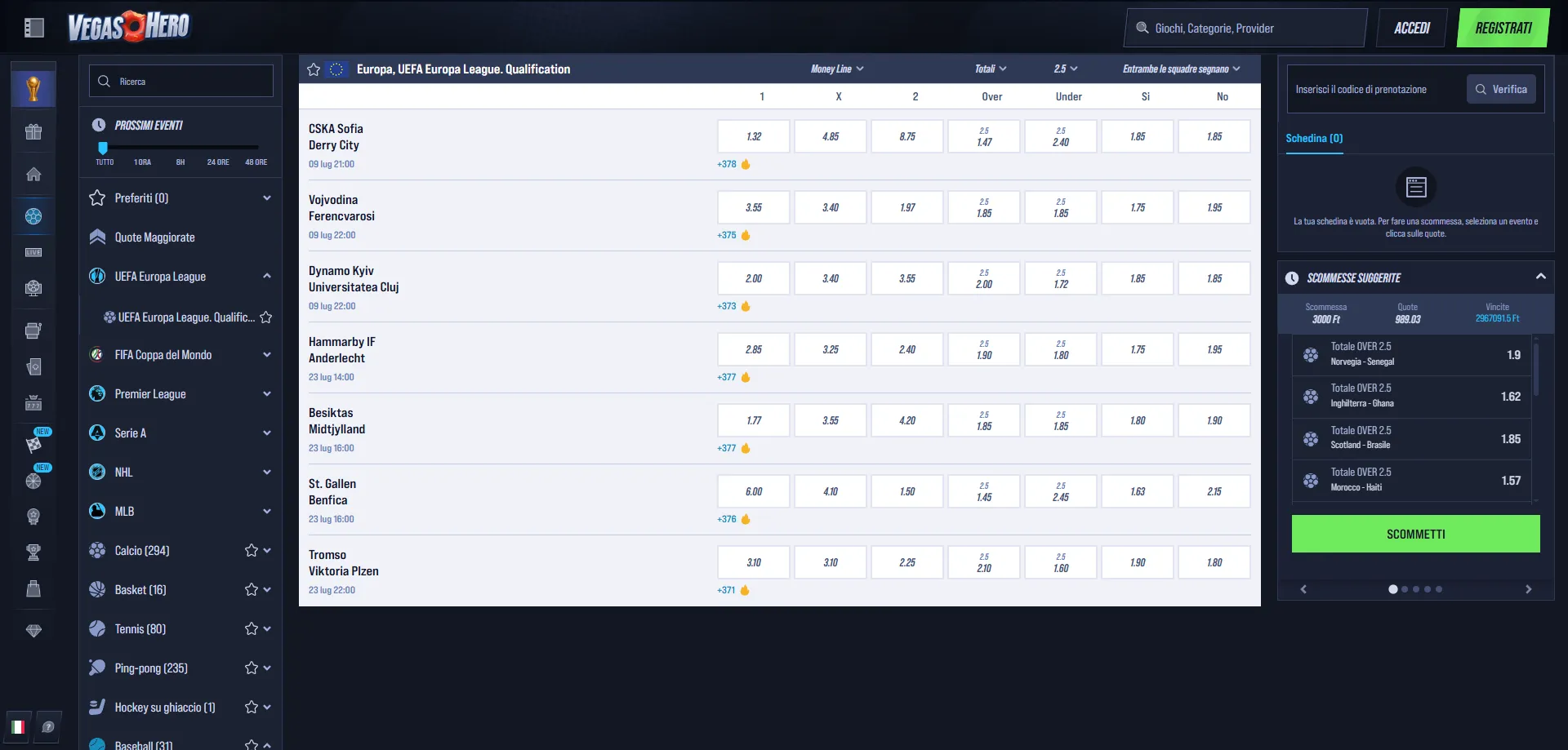 VegasHero Casino scommesse sportive online calcio basket Italia